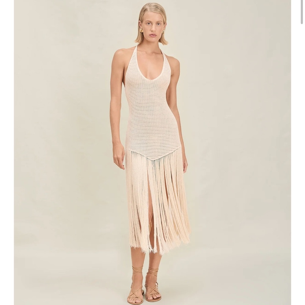 DEVON WINDSOR Cream Crochet Fringe Halter Midi Dress